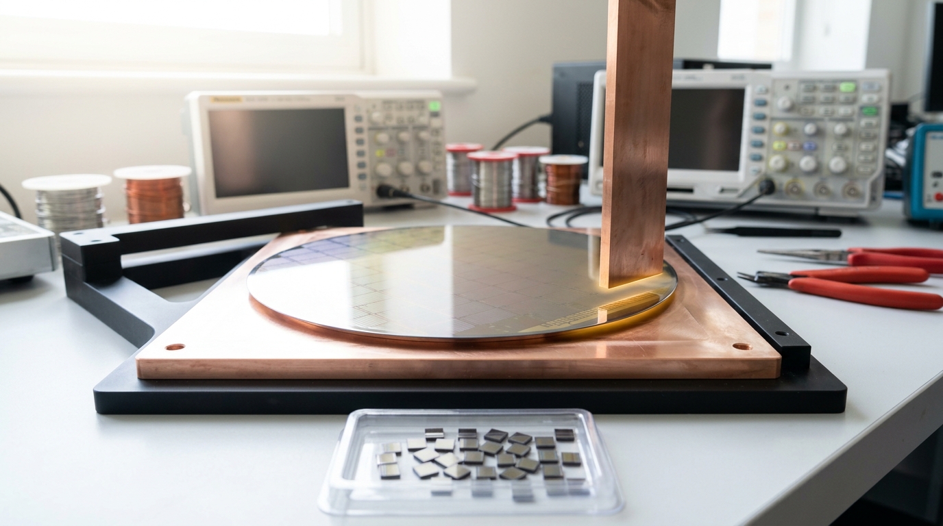 A blank, unpatterned 300 mm silicon wafer in a carrier caught being loaded onto a shipping pallet, before any fab has done anything to it at all