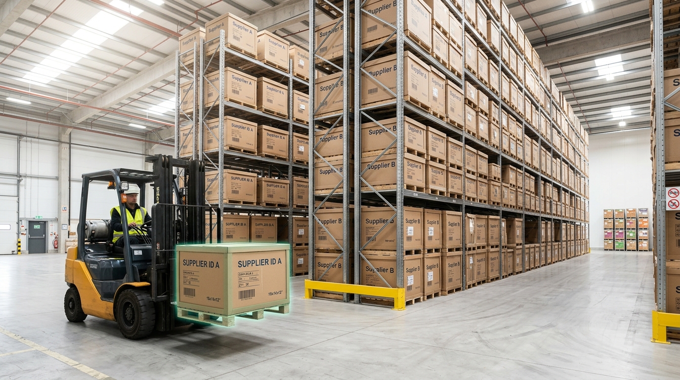 A wafer-supply warehouse floor with crates from two suppliers filling most of the visible racking, a small cluster of differently-marked crates from other suppliers visible in a distant corner