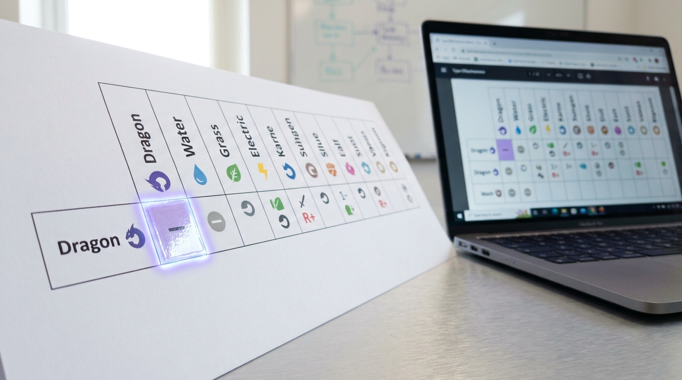 A printed type-effectiveness matrix on a card-sorting table with only the Dragon-versus-Dragon cell freshly highlighted, the row's other cells still plain white and unmarked
