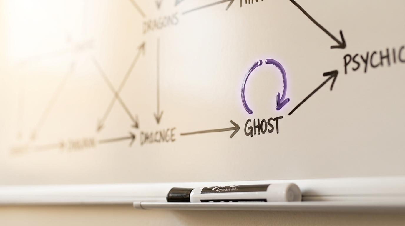 A freshly drawn self-loop arrow curling back onto a labelled "Ghost" node on the whiteboard graph, the wet ink trail leaving a small gap not yet closed back onto its own starting point