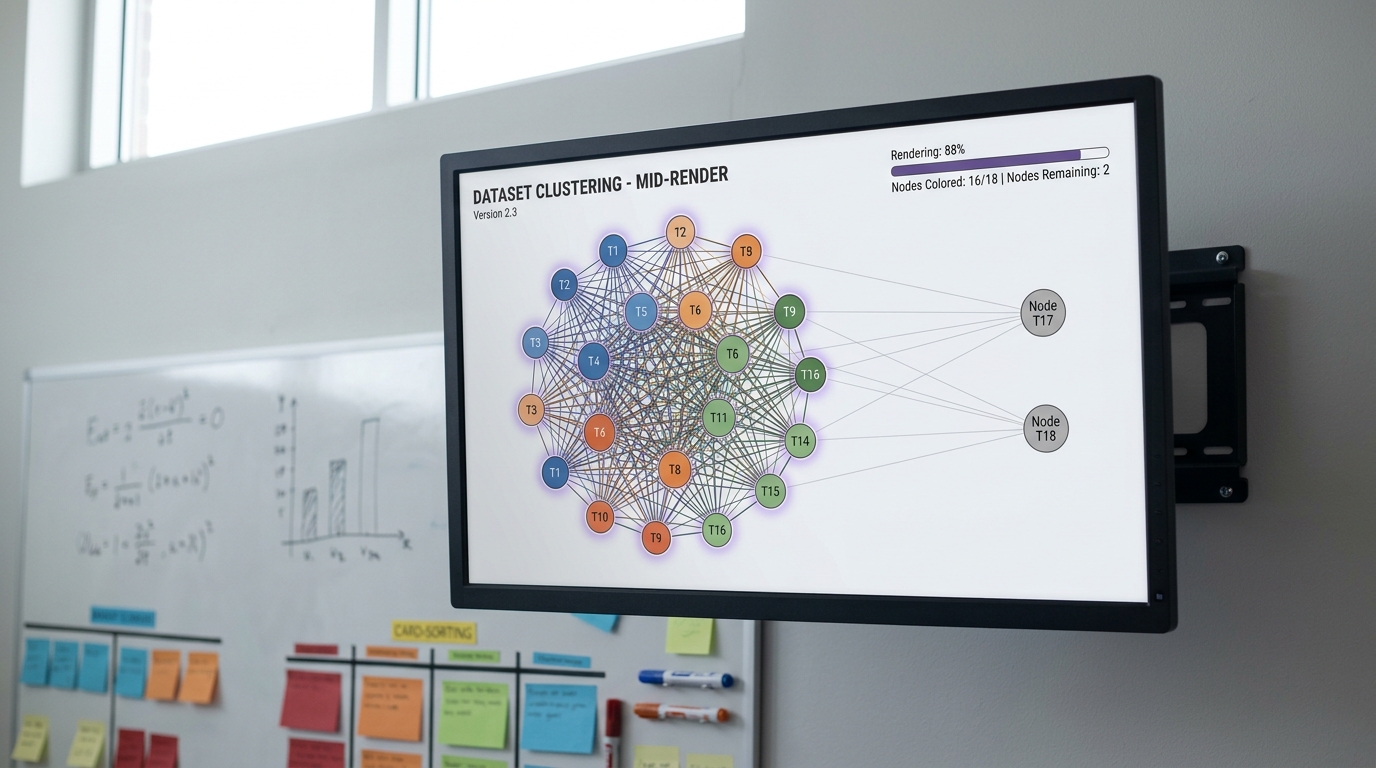 A wall-mounted monitor displaying a node-link graph mid-render, sixteen of eighteen type nodes already recoloured into one shared cluster while two isolated nodes remain flat neutral grey