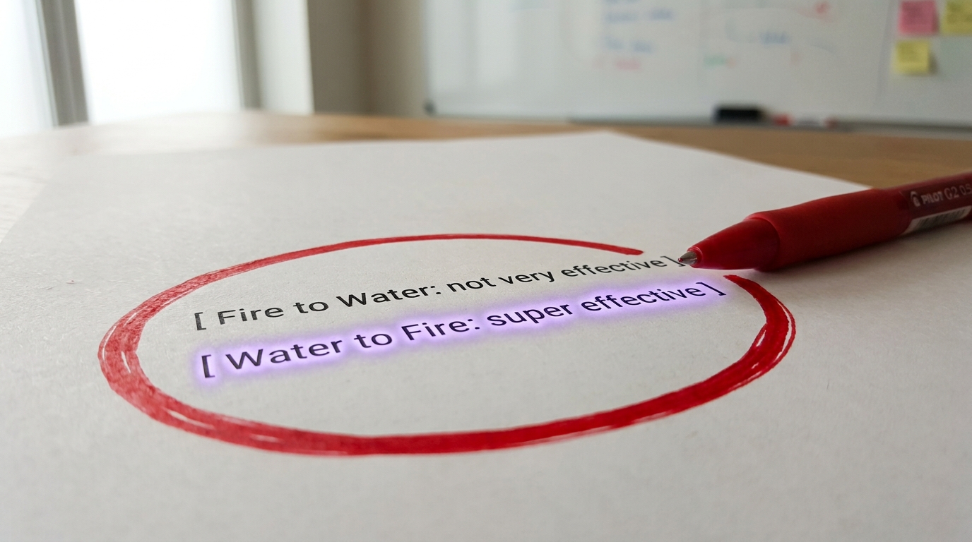 A printed adjacency list with a red editing pen's ink circling two compared lines, Fire-to-Water and Water-to-Fire, the circle around the second line drawn most of the way around but not yet closed