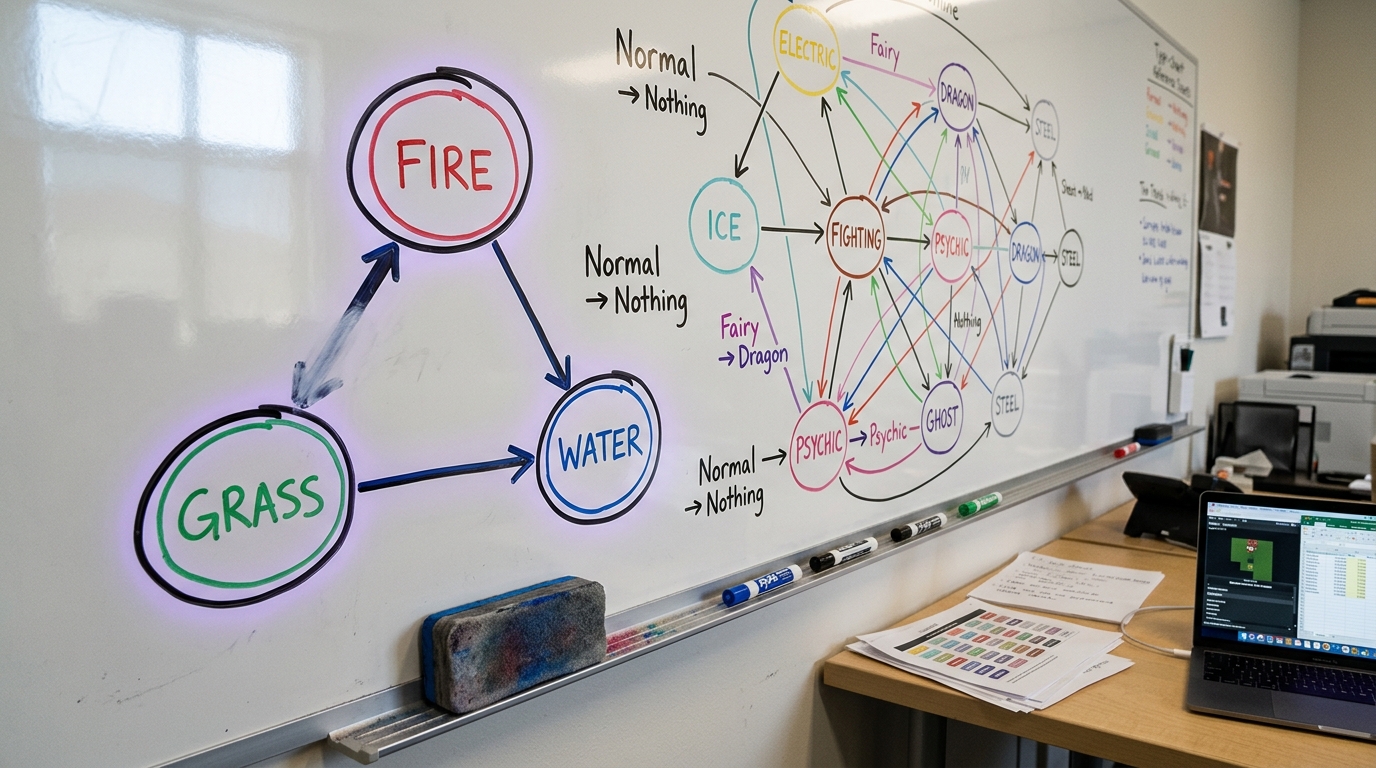 A hand-drawn eighteen-node type-matchup graph on a lab whiteboard, the Fire-Grass-Water triangle circled in marker while one arrow of the loop is half-erased and not yet redrawn
