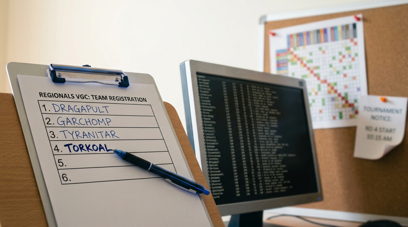 A tournament back-of-house analyst desk with a terminal showing soft-focus scrolling ladder data, a corkboard behind it holding a pinned type-effectiveness grid, and a clipboard of team sheets in the foreground under a scorekeeper's pen