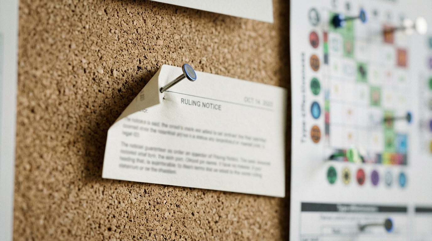 A small dated tournament-ruling notice slip being pinned to a corkboard corner, one pushpin angled and not yet pressed flush