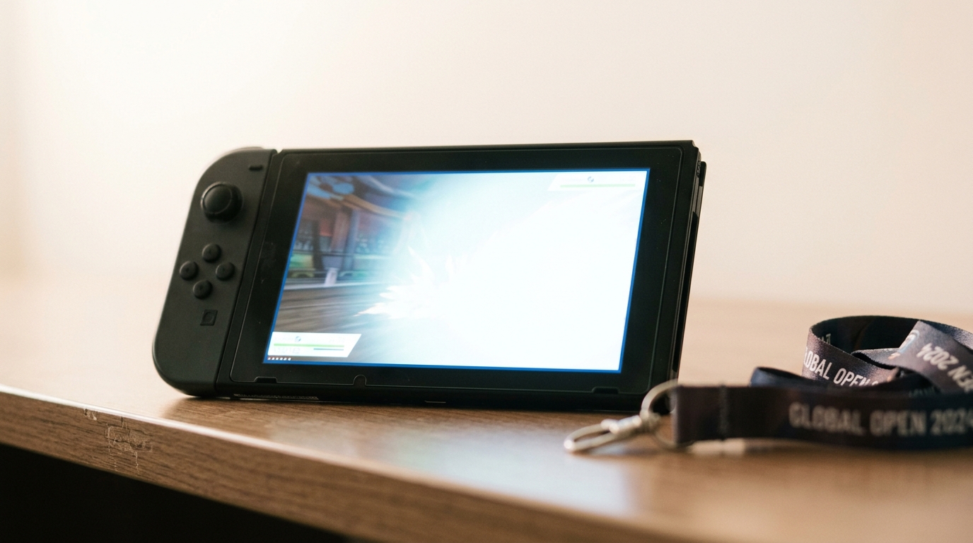 A handheld game console on an analyst-room side table, its screen catching a battle-move animation half-rendered mid-effect