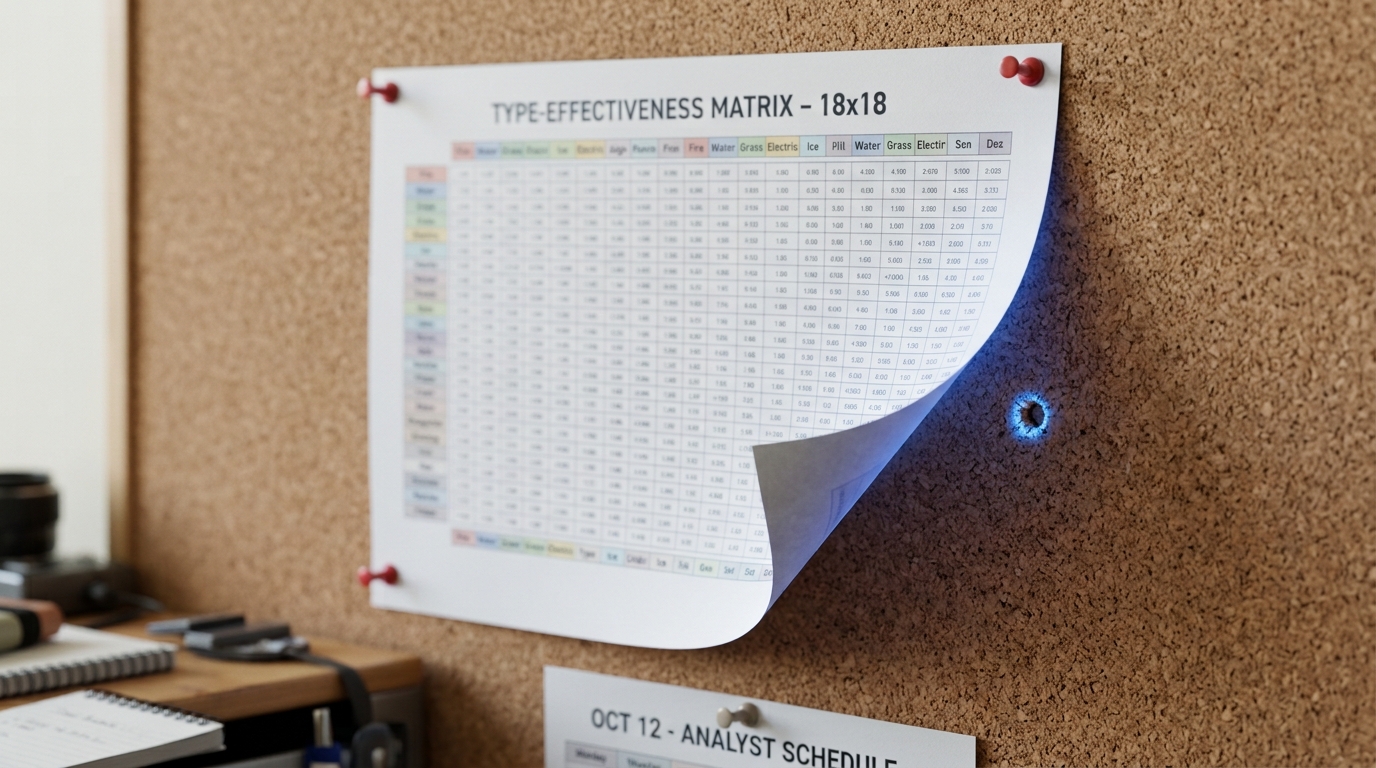 A printed 18-by-18 type-effectiveness grid pinned to a corkboard, one lower corner lifted free of its pushpin and curling forward