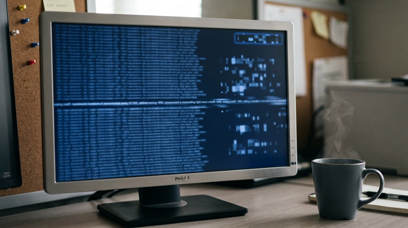 A side monitor in the analyst room showing a long soft-focus scrolling feed of ladder data beside a plain rating-cutoff readout and a half-full coffee mug