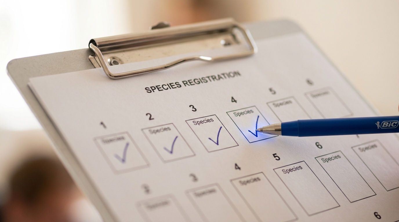 A tournament official's clipboard holding a six-slot team registration sheet, four of six species boxes checked, a pen paused on the fourth