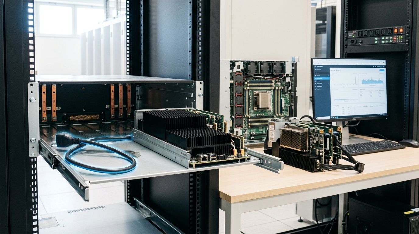 A replacement accelerator tray of a visibly different form factor sitting a few centimetres onto the extended rails of a rack bay, the tray it replaces lying disconnected on the bench behind beside the reference node