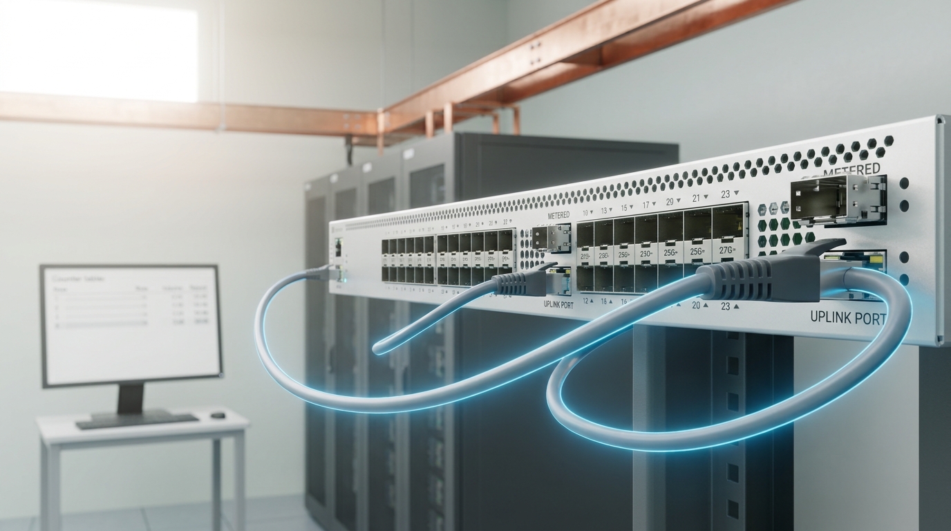 A loopback patch lead curving back into a second port on the same switch and caught part-seated there, feeding that switch's own metered uplink traffic round to be counted a second time