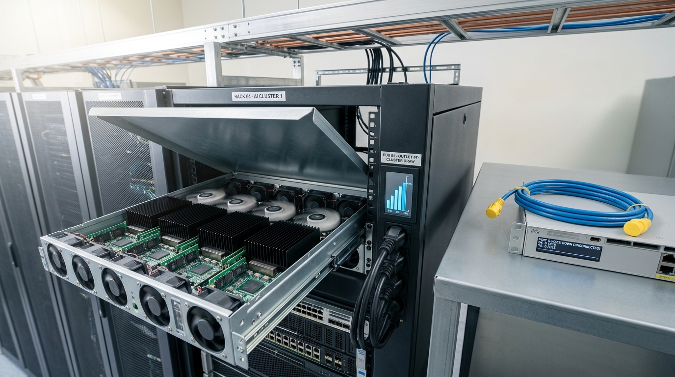 An accelerator tray drawing hard through a metered outlet whose bar reading is caught mid-climb, while the uplink patch lead that would carry the result lies capped on the desk beside an empty switch port