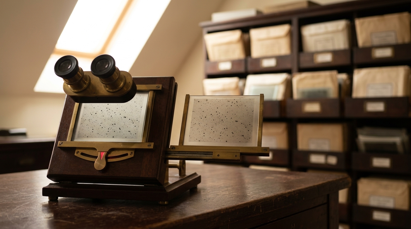 A blink comparator on a plate-room desk holding two glass photographic plates of the same nebula field taken years apart, one plate carriage mid-shift into position