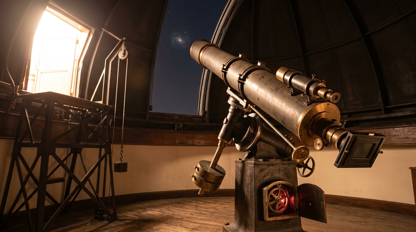 Interior of a working observatory dome at night, a large equatorial refractor on a clock-driven mount guiding a long exposure on a faint spiral nebula, one brass drive-gear tooth glowing carmine