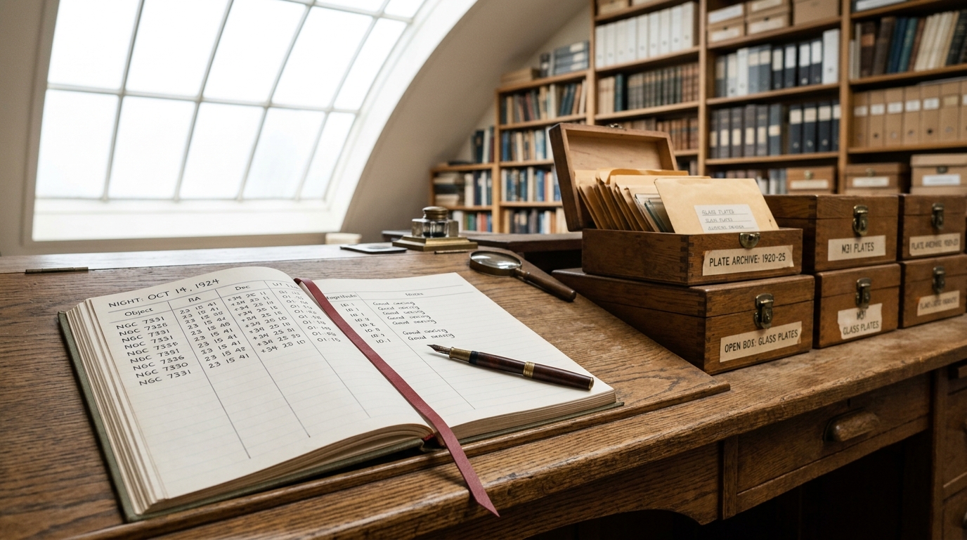 A log desk under a bright skylight, an observer's bound logbook open to a column of newly entered figures beside stacked glass-plate archive boxes, a pen resting mid-entry