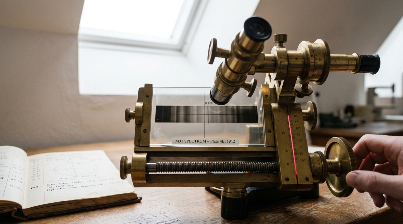 A precision measuring engine in a plate-measuring room, a glass spectroscopic plate of a spiral nebula's spectrum mounted under its traveling microscope, mid-measurement of a shifted absorption line