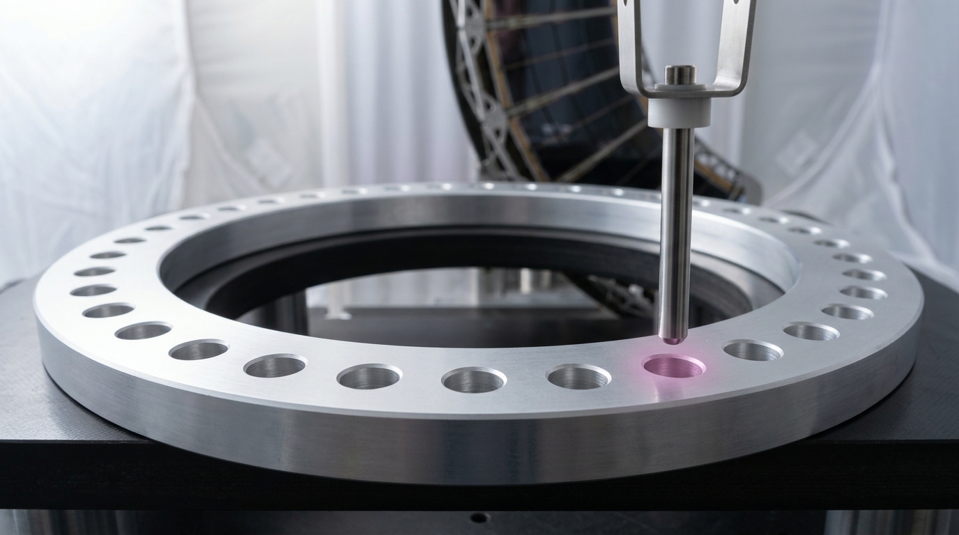 A tracker-petal mounting flange with a ring of identical, equally spaced tooling holes, one polished alignment dowel suspended a hair above a single hole while every other hole in the ring sits open and empty