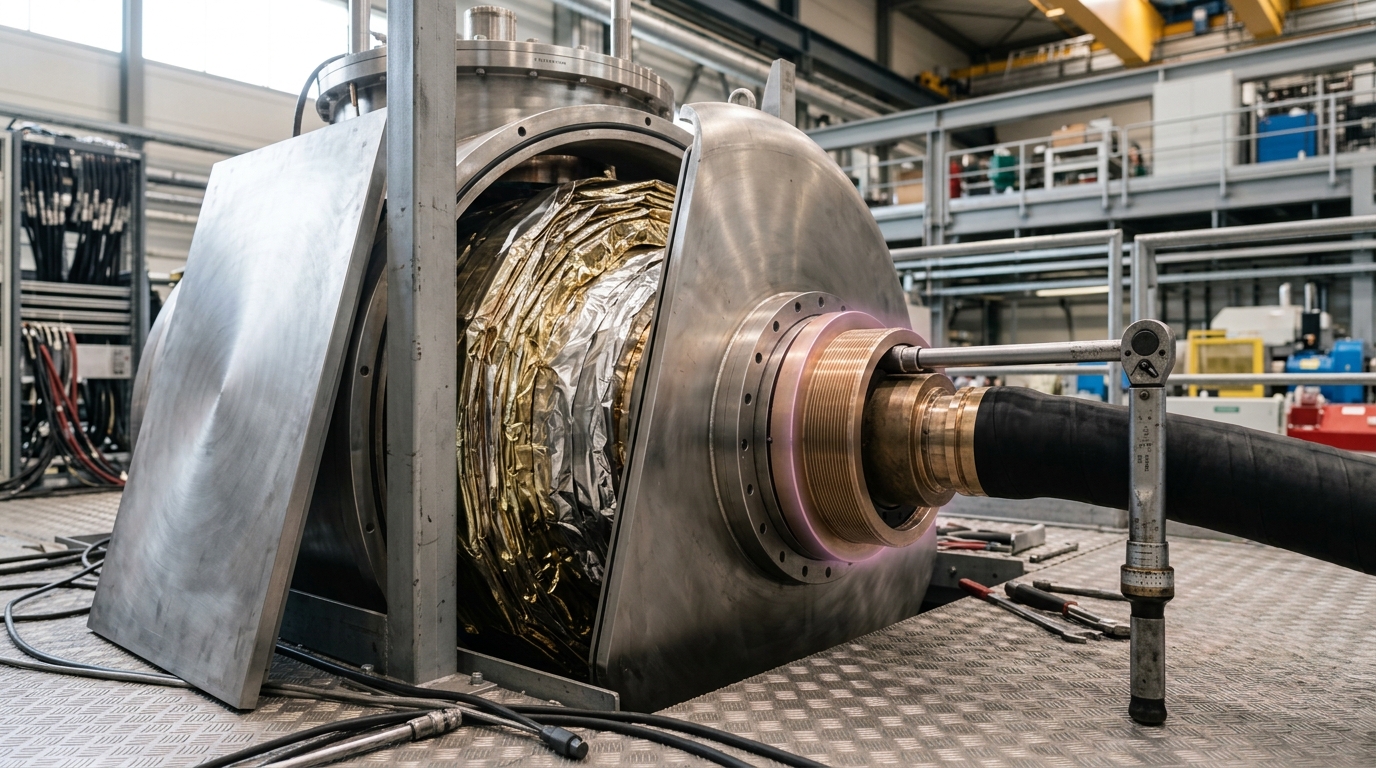 A superconducting solenoid cryostat opened for maintenance on a detector-hall service platform, one thick cryogenic feed-line coupling still being torqued down against the cold-mass throat while a lifted vacuum-vessel panel leans nearby