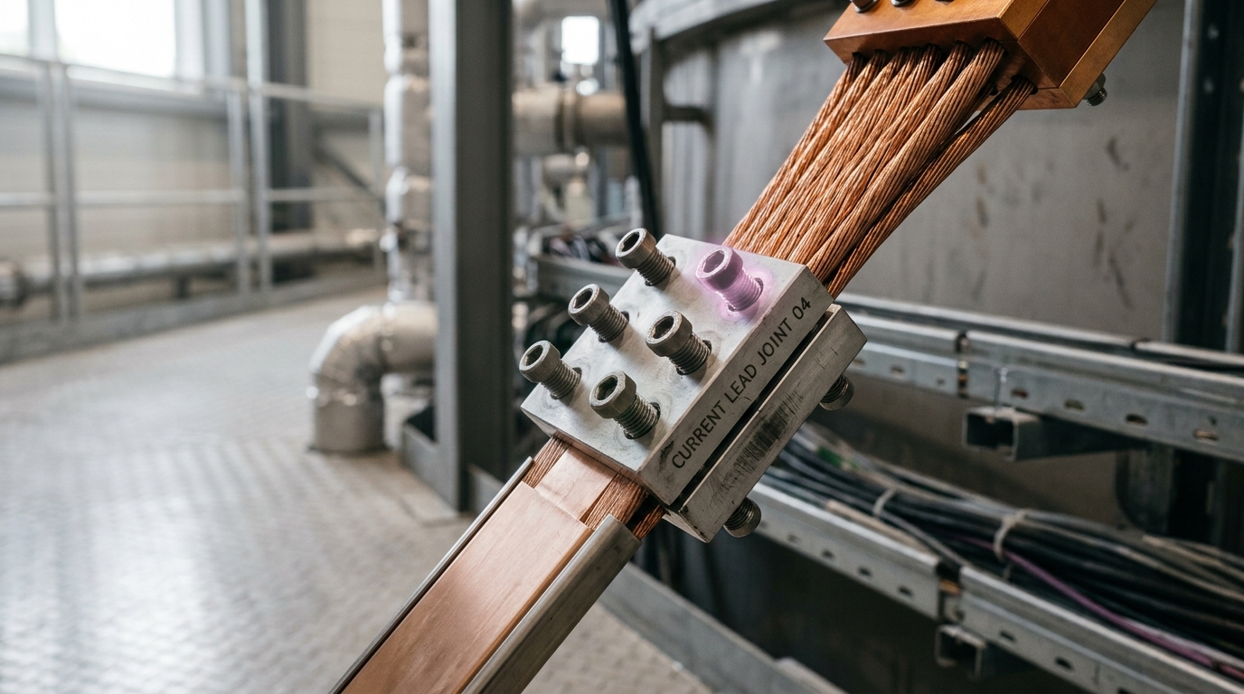A magnet current lead's transition joint between its resistive copper upper section and its high-temperature-superconductor lower section, the clamp bolts on the joint only partly torqued down