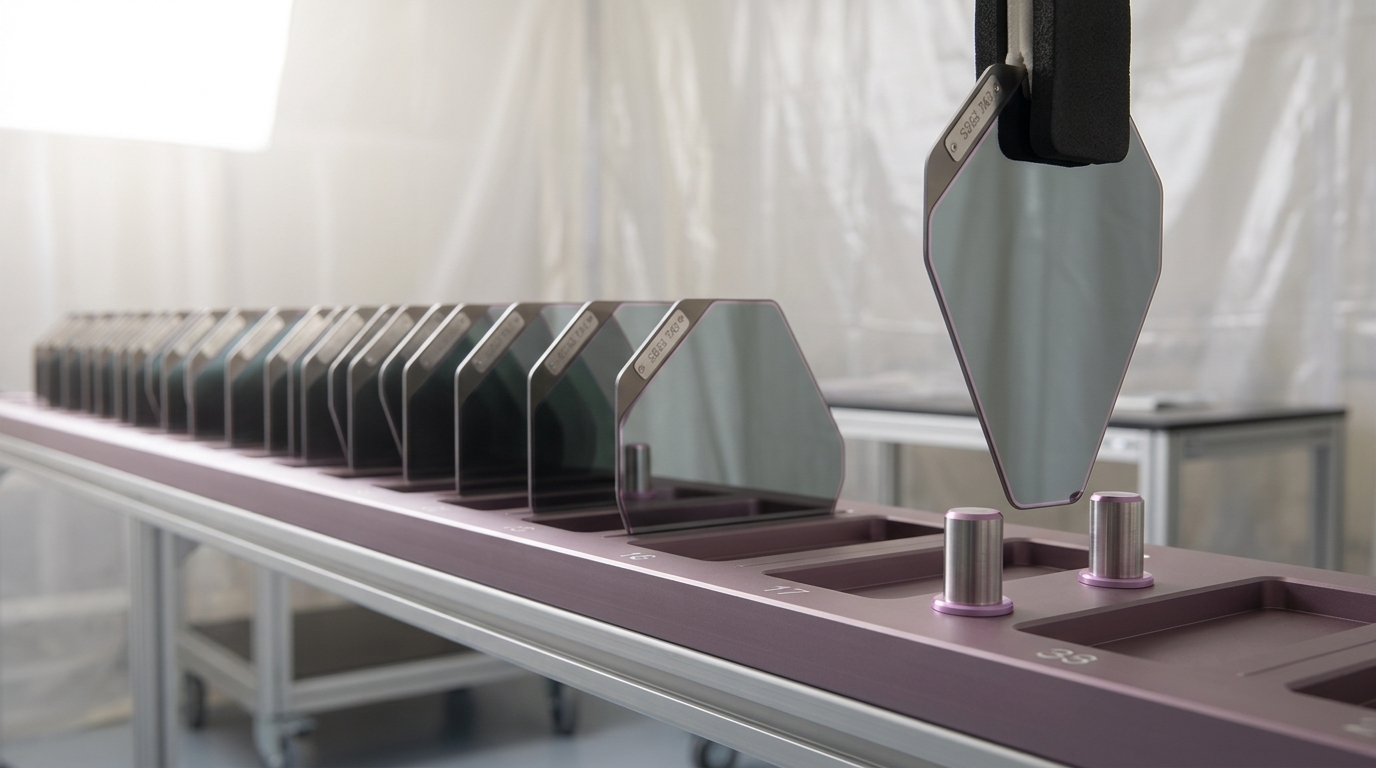 A row of identical silicon-tracker petals racked on an installation fixture, each independently serialised and tested, one still being clipped into its slot while the others already sit fixed and motionless beside it