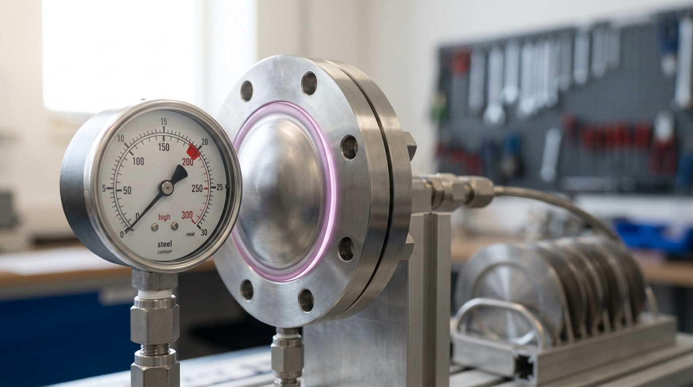 A magnet cryostat's pressure-relief burst disk under a test rig, its diaphragm domed right at the edge of its rated deflection with the gauge needle resting just short of the red rupture mark