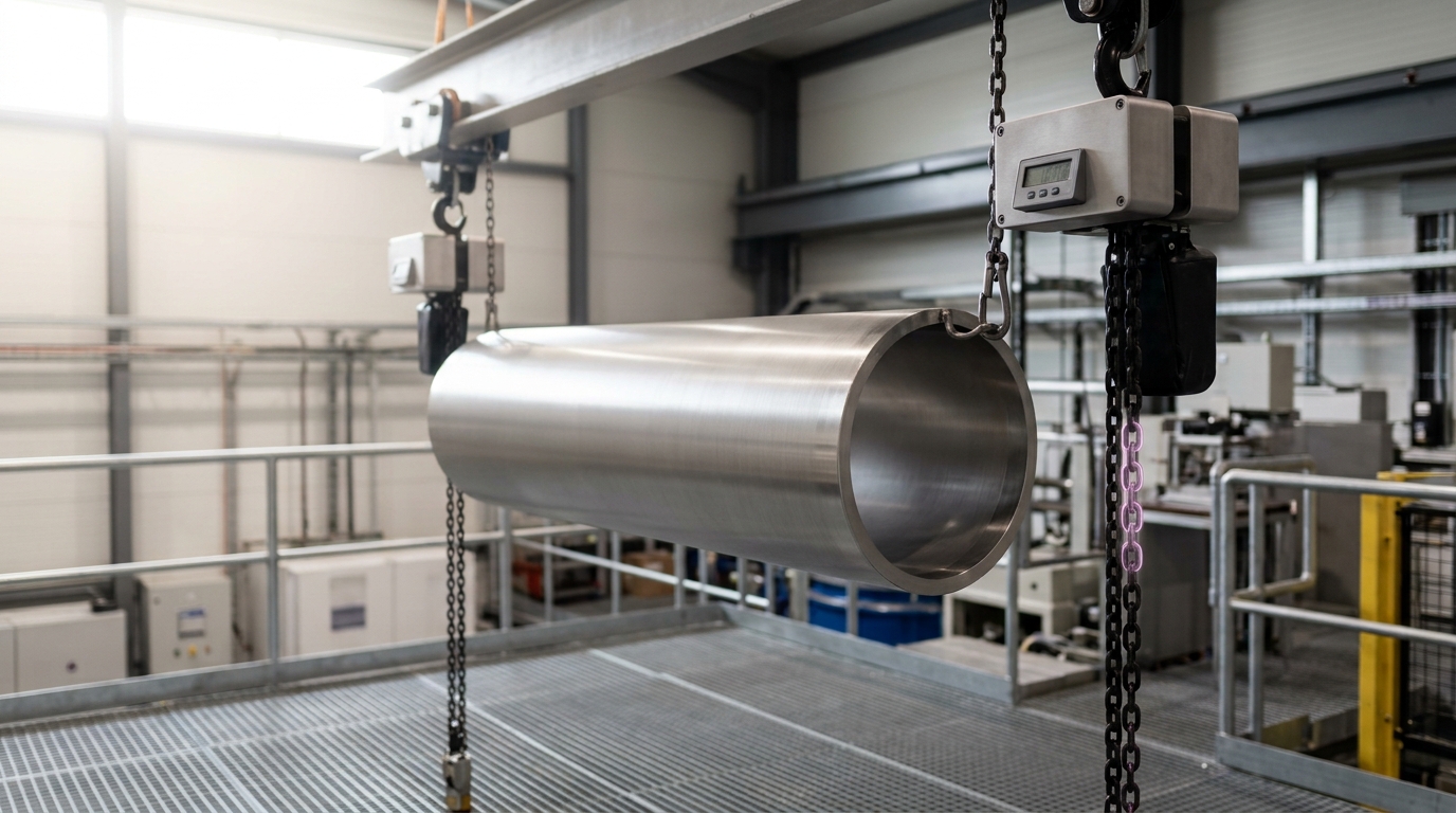 A magnet coil former suspended level between two chain hoists during installation, their load-cell readouts nearly matched, one hoist's chain a single link from needing to take up more weight than the other
