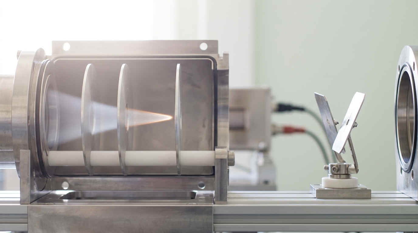 An einzel-lens triplet on a Penning-trap ion-transfer beamline, one focused ion bunch caught mid-flight between the second and third electrode as the downstream steering plates are still swinging into position