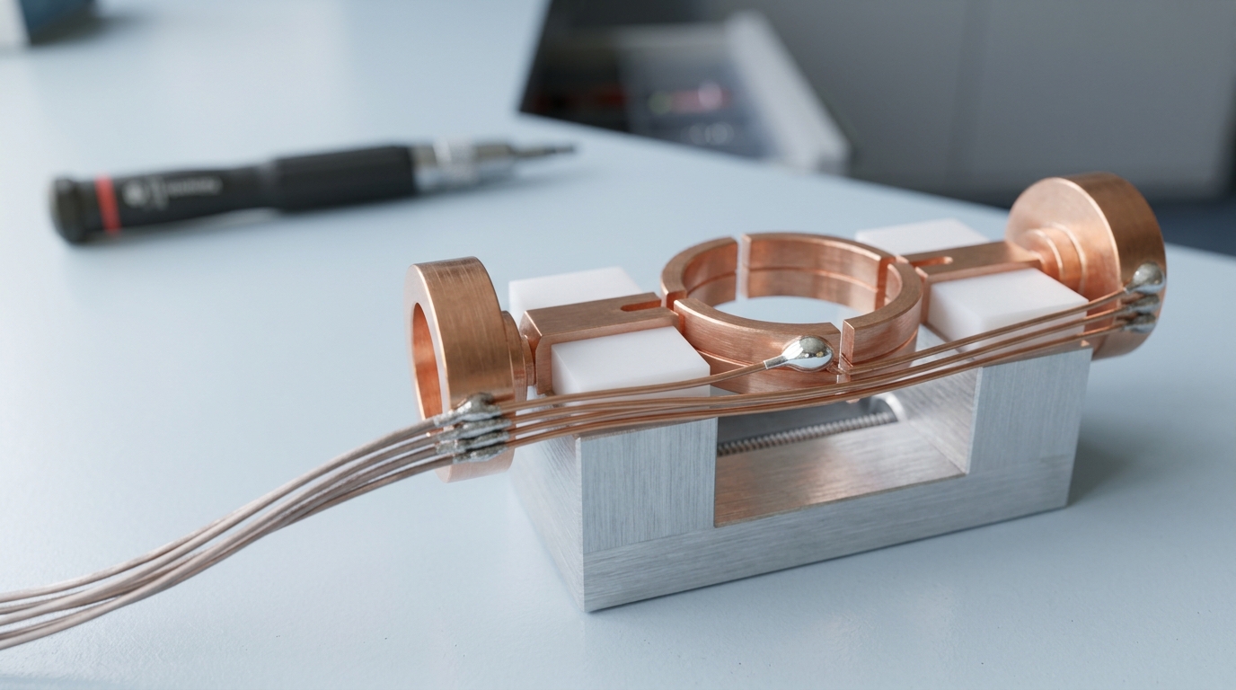 A bare Penning-trap ring-and-endcap electrode assembly on a clean bench, one signal lead just soldered and still bright while three others beside it are already dulled and dressed into a harness