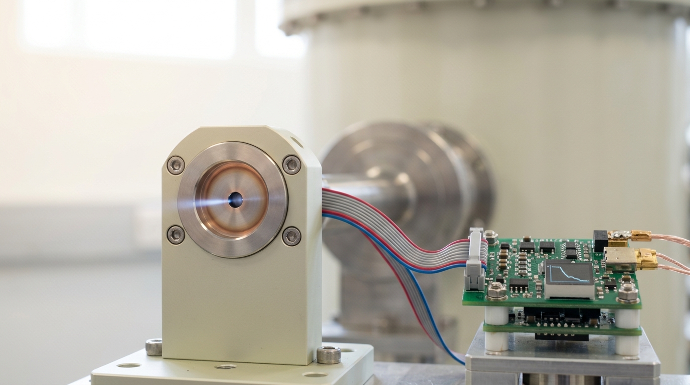 The final focusing optics at a Penning trap's entrance aperture, a single faint pulse of light caught passing through just as the entrance electrode's voltage is still switching down behind it