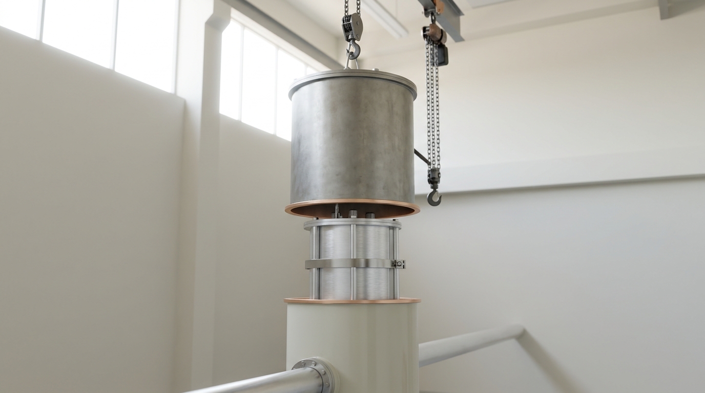 Two technicians'-height mu-metal shield cylinders being fitted around a superconducting magnet's trap bore, the upper cylinder still lowered only part way and not yet seated on its register lip