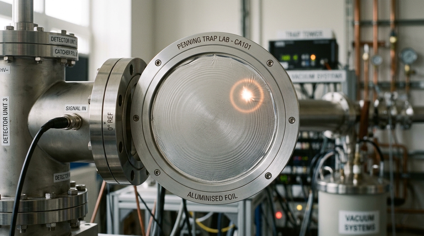 A thin catcher foil at the end of a recoil-separator beamline, a small bright scintillation flash still fading at the point where a recoiling daughter nucleus has just struck it