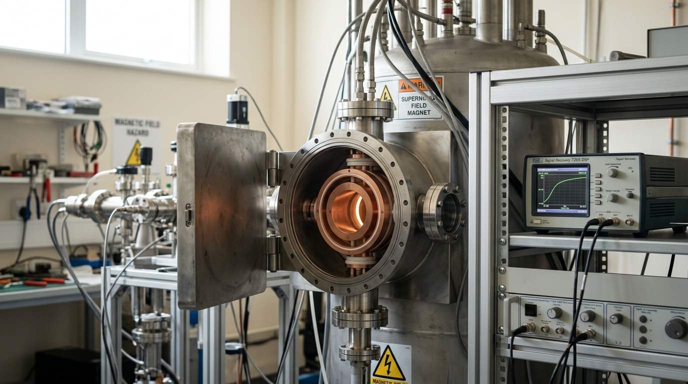 A cylindrical Penning-trap electrode stack seen through the open half of a split mu-metal shield, its ring electrode still faintly aglow with residual excitation while a nearby lock-in readout has not yet settled to a flat trace