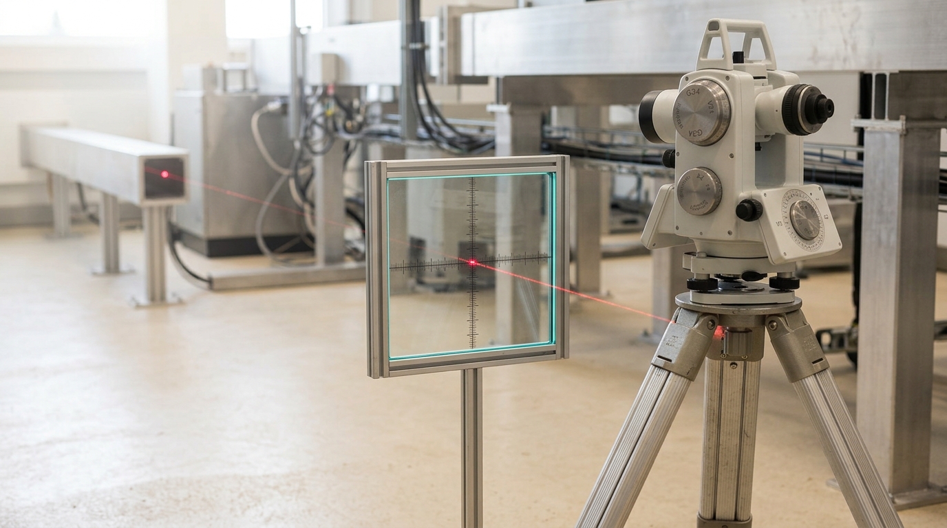 A particle beamline crossing a marked reference plane just before reaching a geodetic triangulation instrument