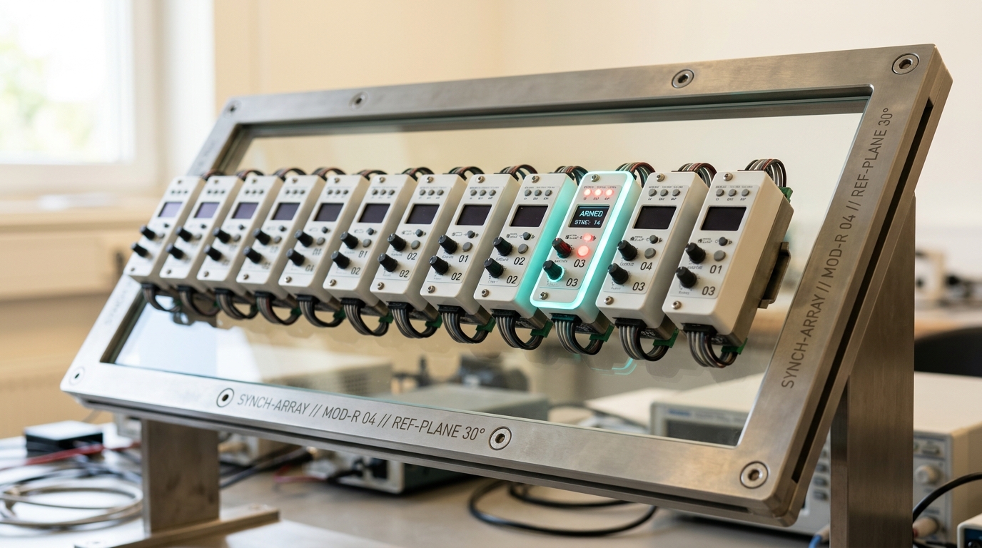 A bank of synchronized trigger clocks mounted along a tilted reference plane