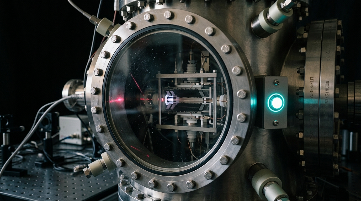 A linear ion-trap module viewed through its vacuum chamber viewport