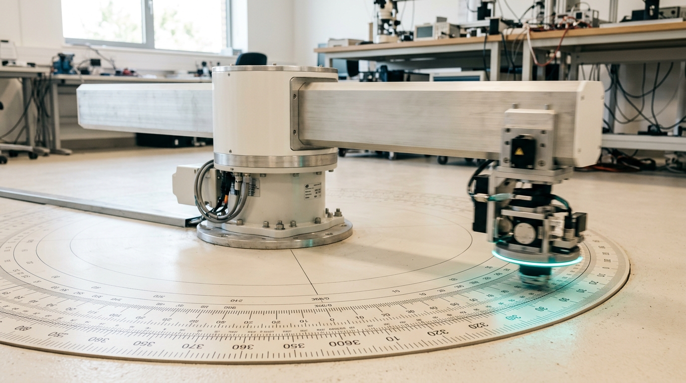 A rotating gantry arm sweeping over a circular calibration disk etched into the lab floor