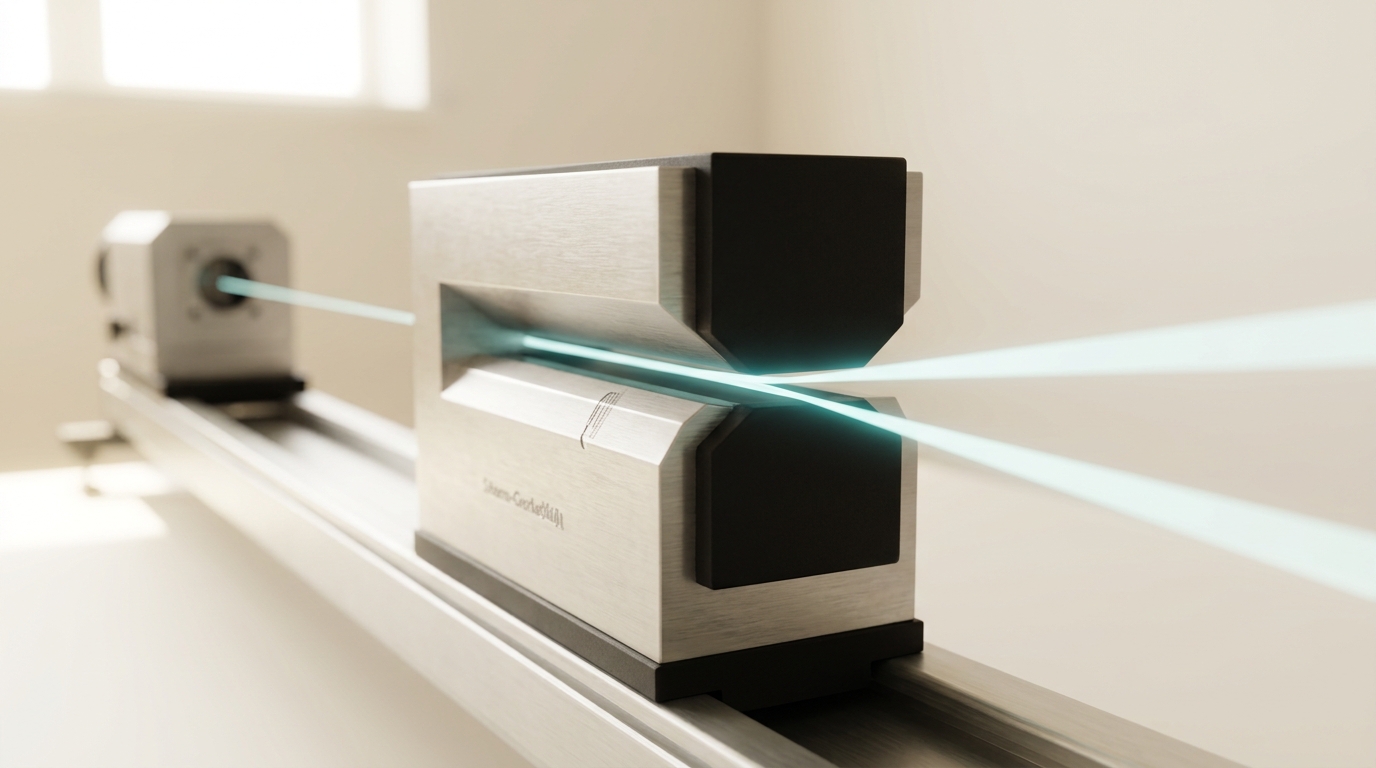 A Stern-Gerlach magnet assembly with a beam splitting into two diverging paths before recombination optics