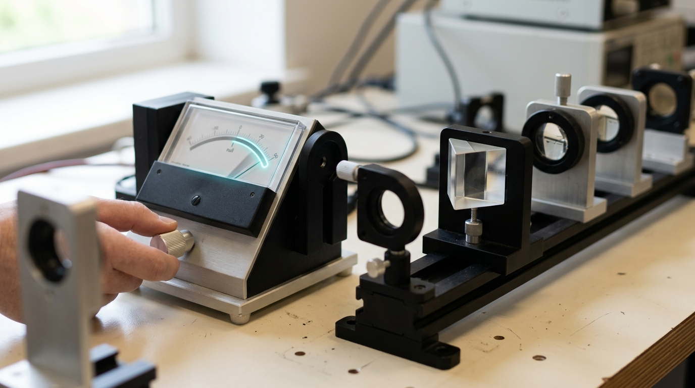 A tabletop optical bench with a glass prism interface and a balanced-detector stage mid-adjustment
