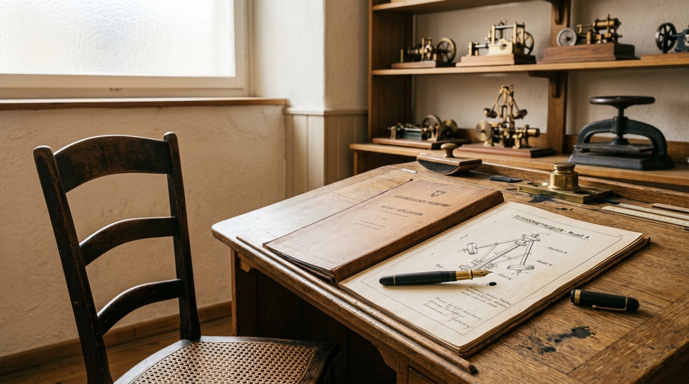 A patent examiner's sloped desk with the tall clerk's chair pushed back at an angle, a fountain pen laid across an open application folder, as if its occupant just stood up struck by an idea