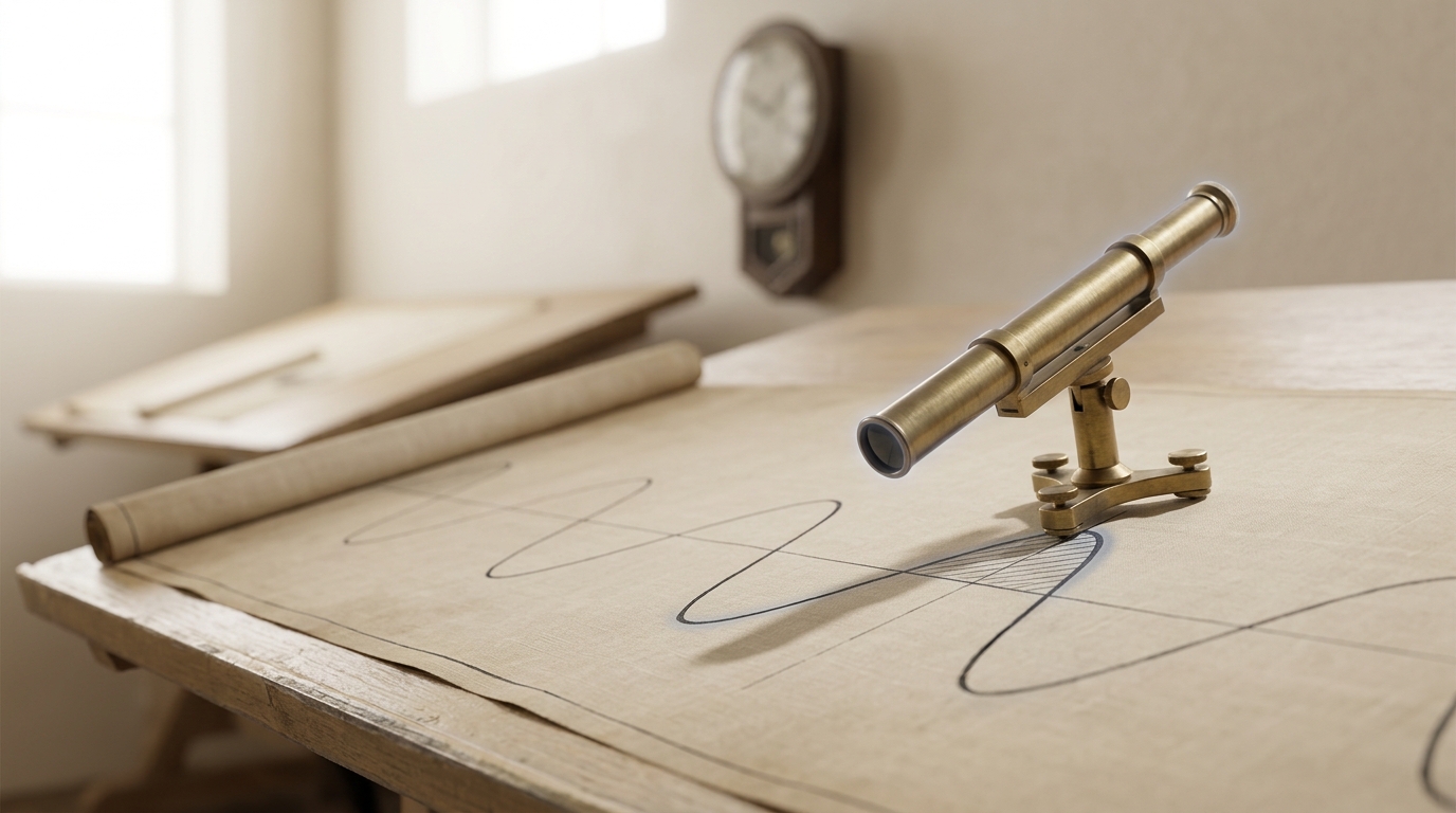 A brass sighting instrument on a patent examiner's drafting table, tilted mid-swivel along an inked wave-pattern diagram, its shadow not yet reaching the diagram's far edge