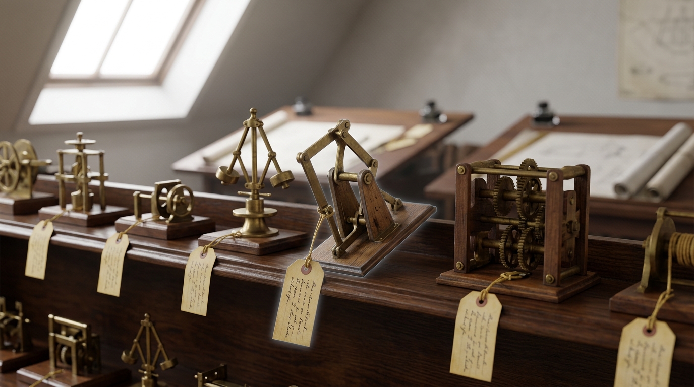 A row of submitted invention models on a patent-office model shelf, one model pulled half off its slot at an angle with its docket tag still swinging