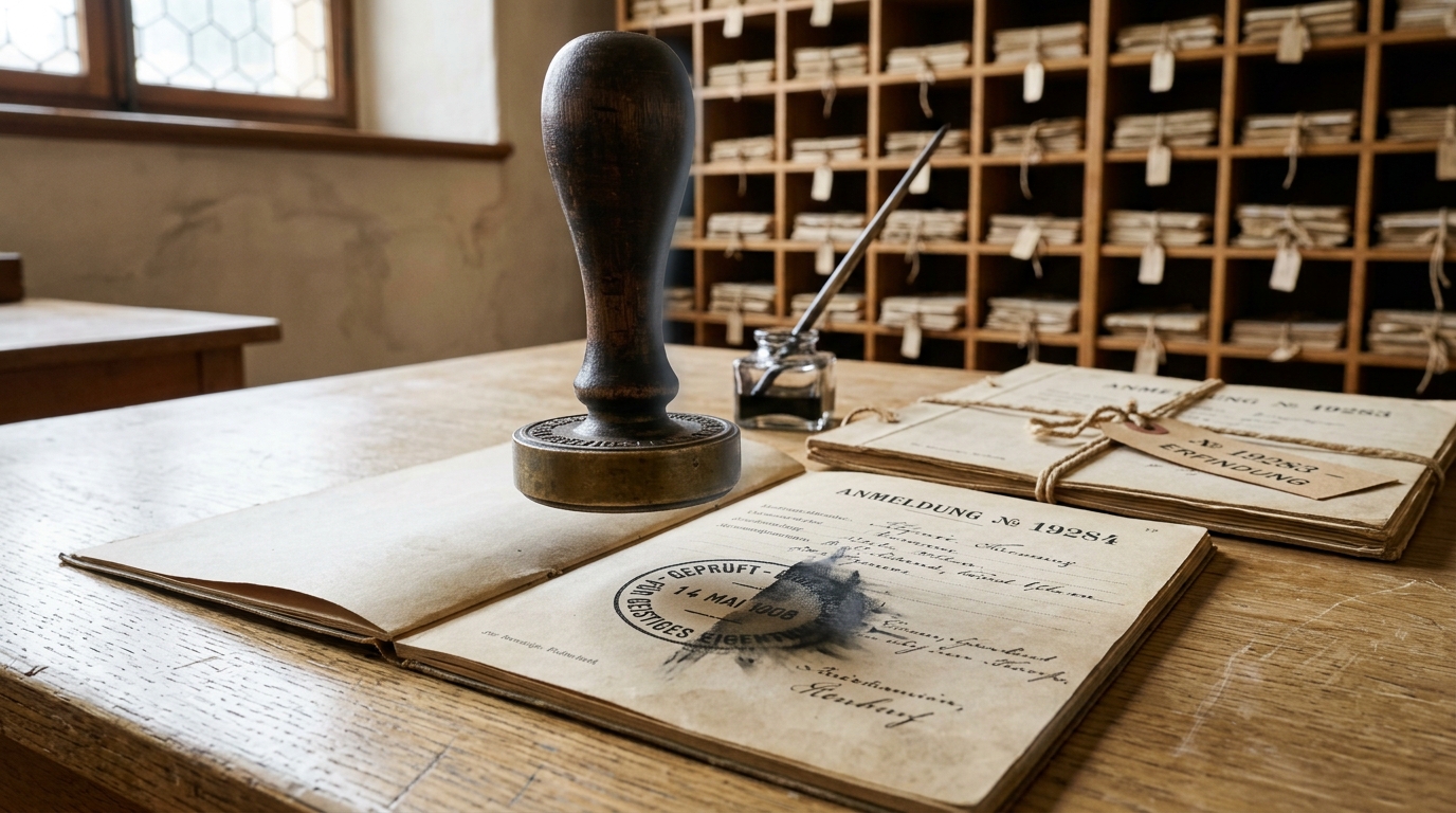 An examination stamp lifted from a patent docket, its inked impression only half-transferred onto the page, one edge crisp and the other still smeared