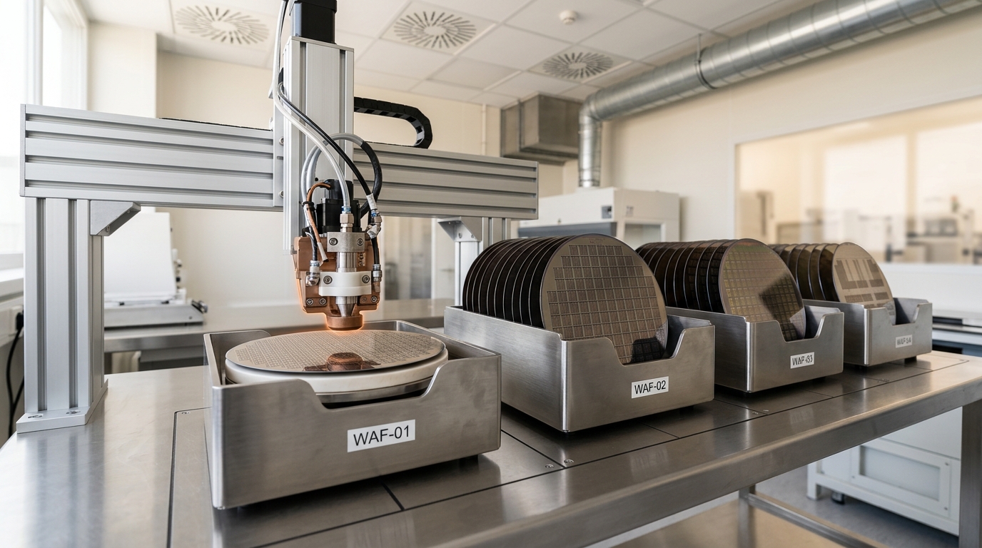 Four wafer carriers arranged side by side on a clean-room-adjacent bench, a die-stacking bonder arm descending toward one of them while the other three sit untouched