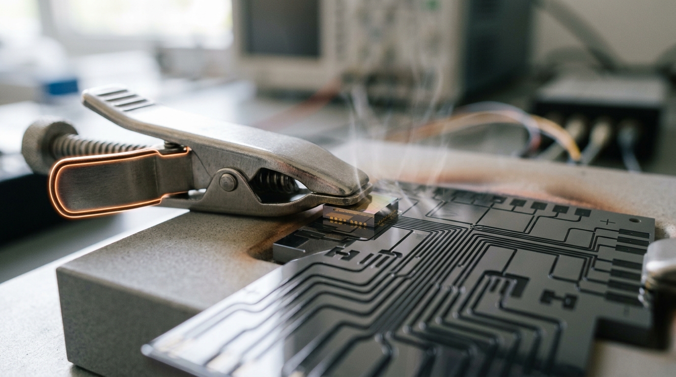 A small III-V laser die freshly flip-chip bonded onto a silicon photonic chip, a reflow fixture's clamp still closed around it