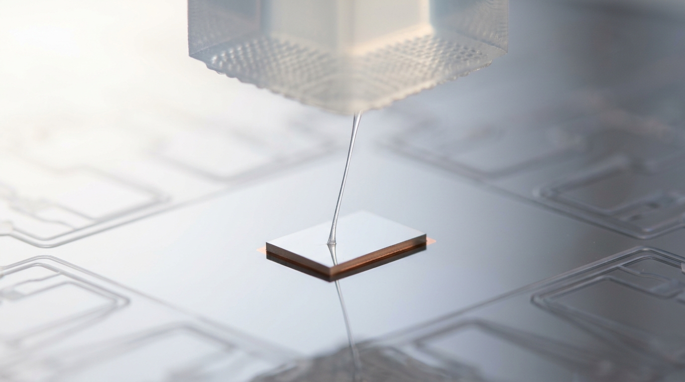 A micro-transfer-printing stamp head lifting away from a silicon photonic wafer after printing a tiny device coupon, a thin elastomer residue thread still connecting stamp to coupon