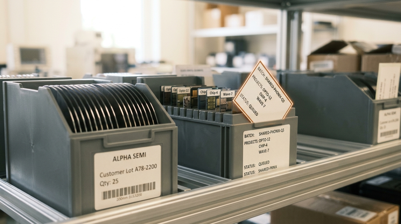 A shared multi-project-wafer cassette holding several small photonic die sets from different named projects, queued on a shelf behind a proprietary production lot