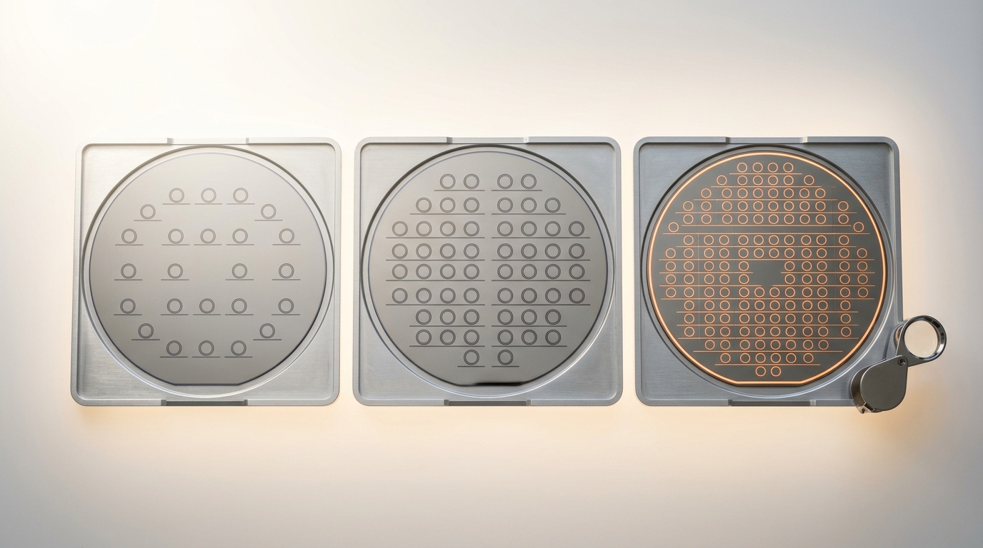 Three photonic test wafers from consecutive process generations laid out in a row on a light table, each carrying a visibly different ring resonator test structure