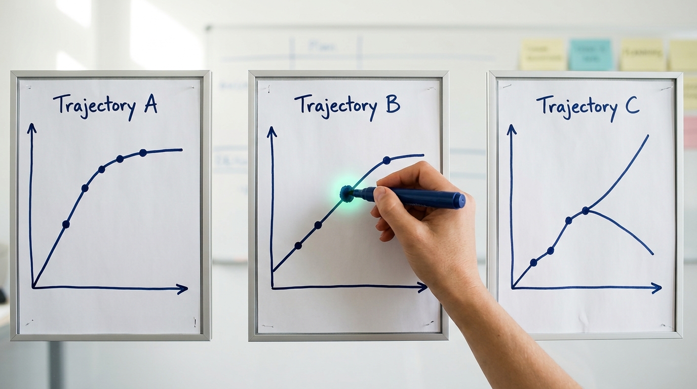 A close view of one trajectory chart's branch point, where a single line splits into three, each branch left unmarked and undetermined beyond the split