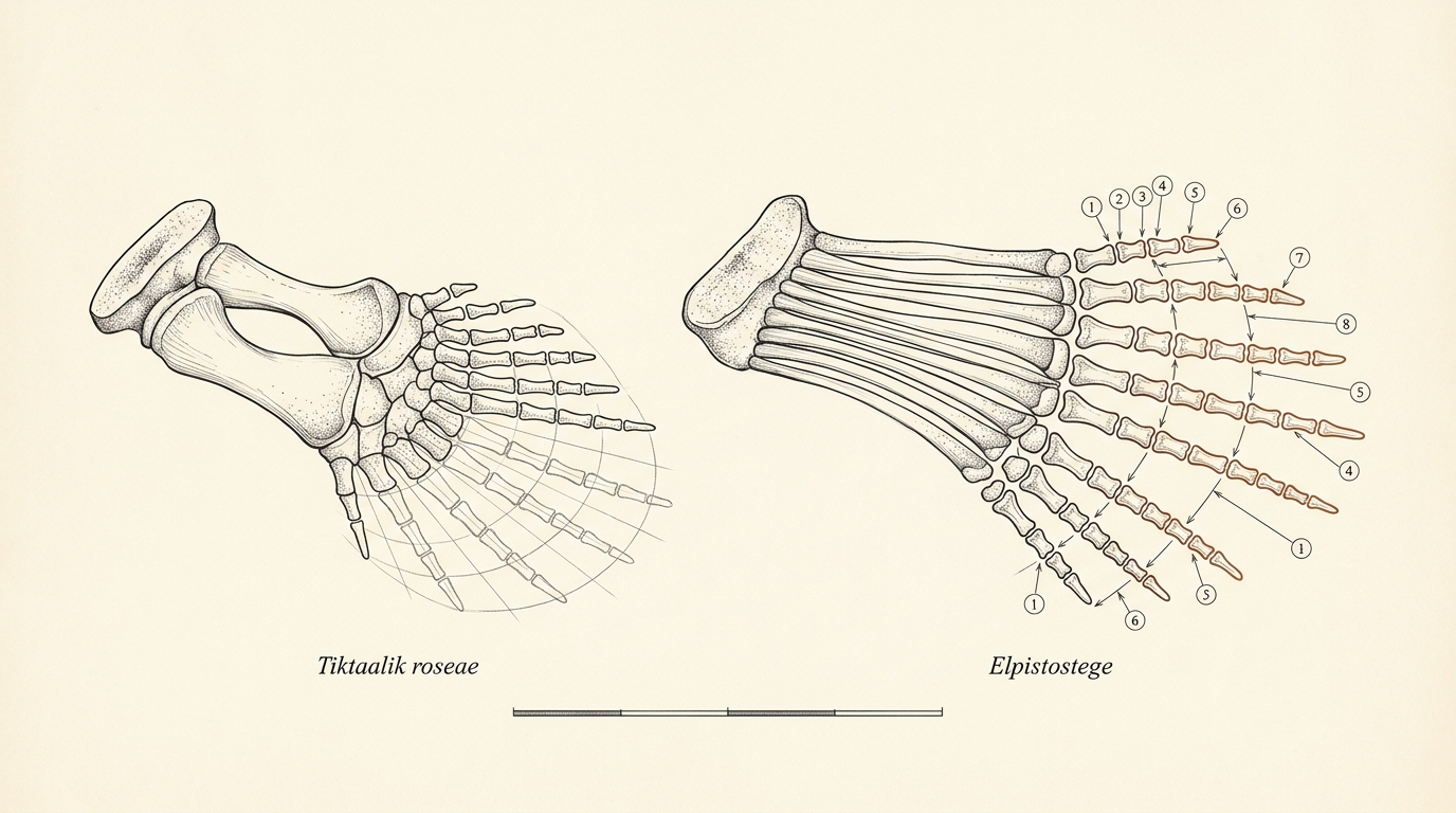 A comparative plate drawing the pectoral fin skeleton of Elpistostege beside that of Tiktaalik roseae at one common scale, Elpistostege's distal rows of small bones dimensioned as digit-like radials, one row accented in red-brown
