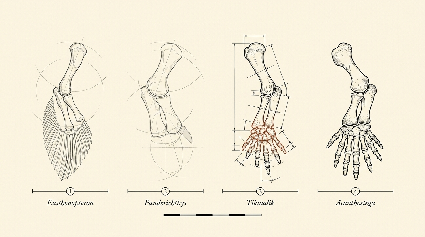 A sequence plate on cream vellum drawing the forelimb skeletons of Eusthenopteron, Panderichthys, Tiktaalik and Acanthostega in a row at one common scale, the last two fully inked and the first two still under construction lines